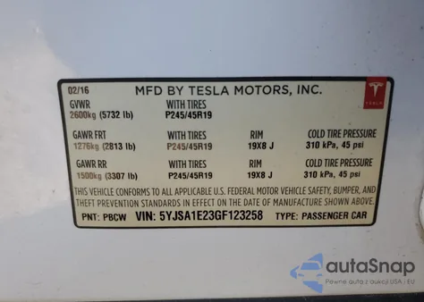 2016 Tesla Model S из США, поврежденный, VIN 5YJSA1E23GF123258
